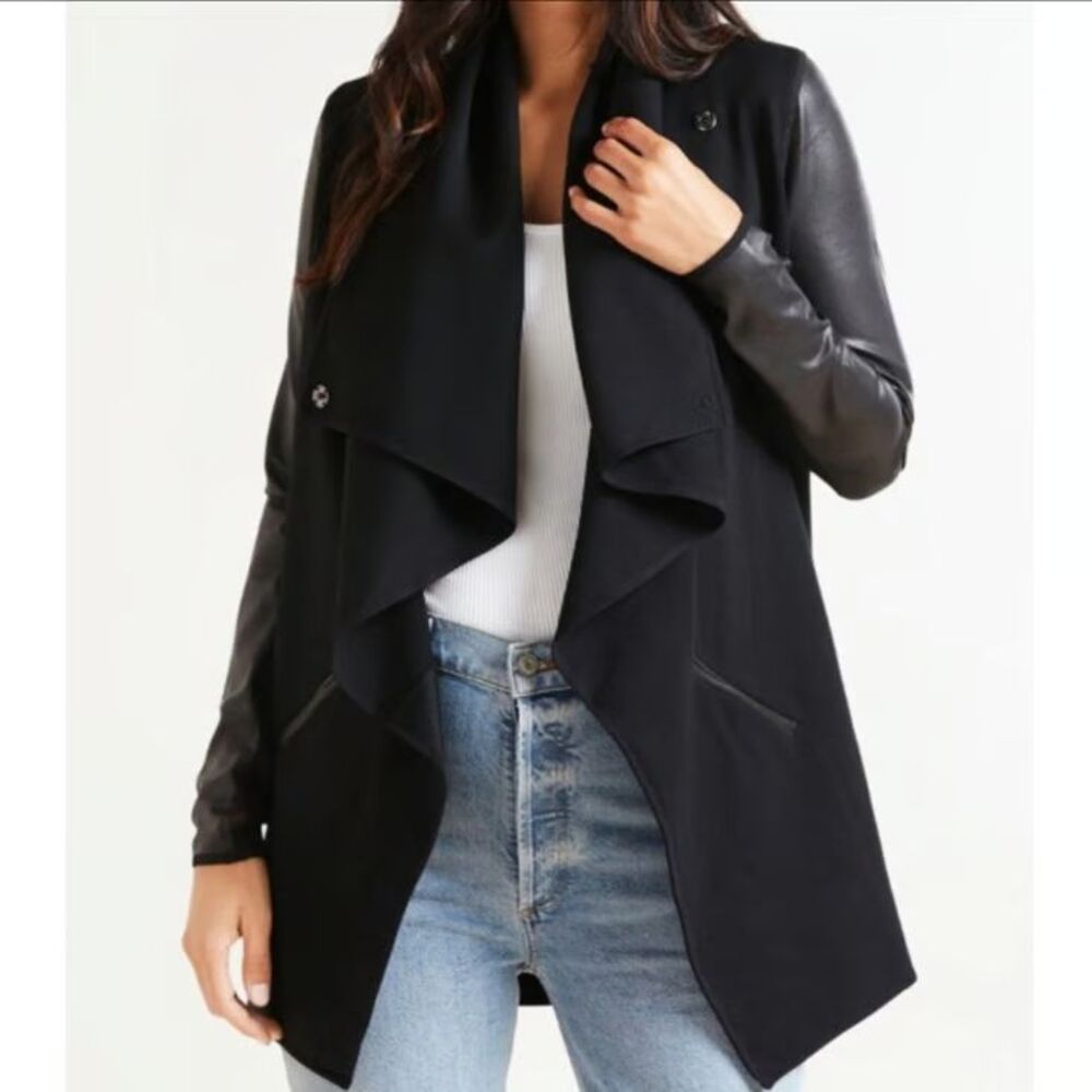 SPANX Ponte Drape Front Jacket Size 3X Faux Leather Sleeves Black Stretch NEW